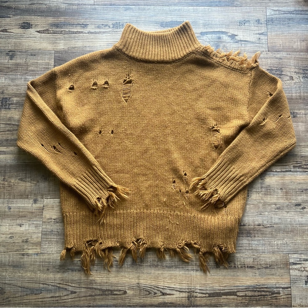 Kut from the Kloth Women’s Camel Viola Destructed Turtleneck Sweater Size XL